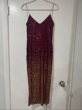 Sequined Burgundy to Gold Ombre Midi Slip Dress